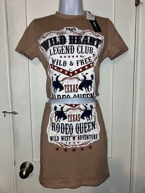 Fashion Nova Brown Rodeo Queen Graphic Crop Top & Skirt Set